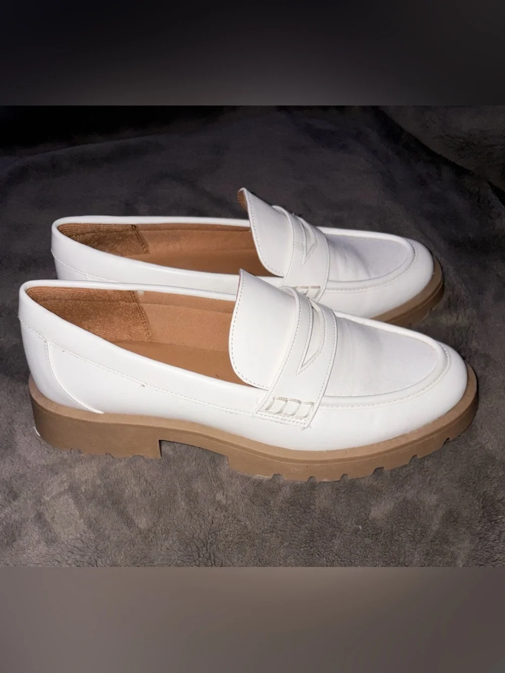 White Penny Loafers with Tan Lug Sole -